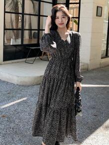 DAZY 碎花荷葉邊連衣裙 - 黑色 - 查看 4