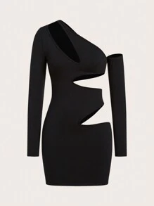 SHEIN ICON Women's Asymmetrical Collar Hollow Out Long Sleeve Dress - Black - View 1