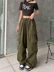 女式宽腿宽松休闲纯色复古抽绳工装裤