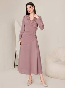 Modelyn Embroidered Mesh Ruffle Trim V-neck Long Sleeve Dress - Pink - View 6