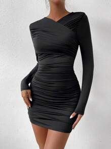 Allurite Solid Color Ruffle Detail Bodycon Dress - Black - View 5