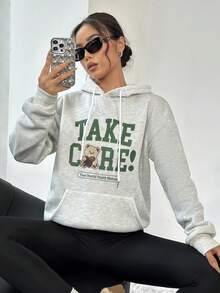 SHEIN Unity Cartoon & Slogan Print Kangaroo Pocket Hoodie - Grey - View 4