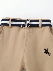 SHEIN 男孩2入組休閒時尚色塊馬繡長袖襯衫和時尚褲帶套裝，適合旅行、派對和節日 - 淺灰色 - 查看 5
