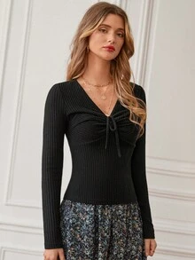 SHEIN Frenchy 束口肋針織 T 恤 - 黑色 - 查看 4