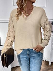 V-Neckline Drop Shoulder Casual Pullover Knit Pullover Fall Winter Sweater - Khaki - View 1