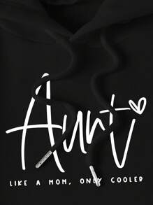 SHEIN EZwear 大尺碼女款連帽字母印花保暖毛圈衫 - 黑色 - 查看 3