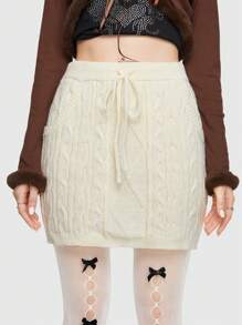 ROMWE Kawaii Bow Knot Front Cable Knit Sweater Skirt - White - View 4
