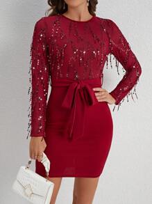 SHEIN Clasi 閃亮流蘇腰帶裝飾連身裙 - 紅色 - 查看 5