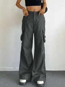 Solid Color Simple Cargo Trousers - Grey - View 4