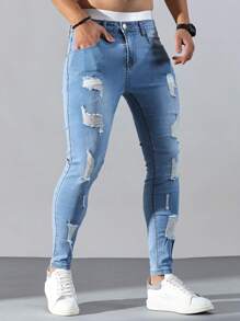 Manfinity LEGND 男式棉质破洞紧身纯色修身长款浅蓝色工装牛仔裤浅色牛仔裤，适合送给老公、男朋友的礼物 - 淺色水洗藍 - 查看 5