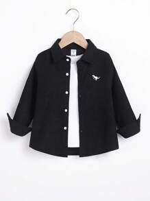 SHEIN 年輕男孩恐龍刺繡長袖襯衫 - 黑色 - 查看 1