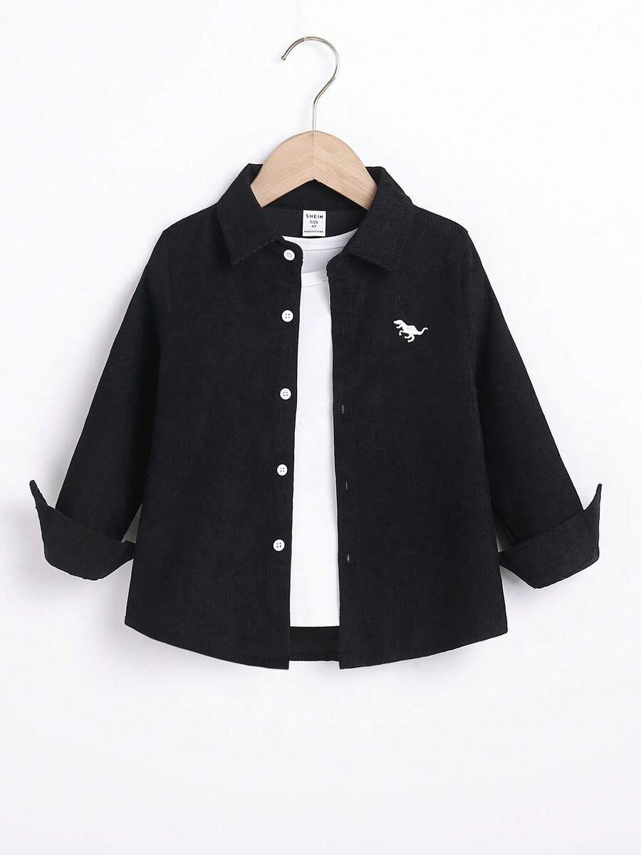 SHEIN 年輕男孩恐龍刺繡長袖襯衫 - 黑色 - 查看 1