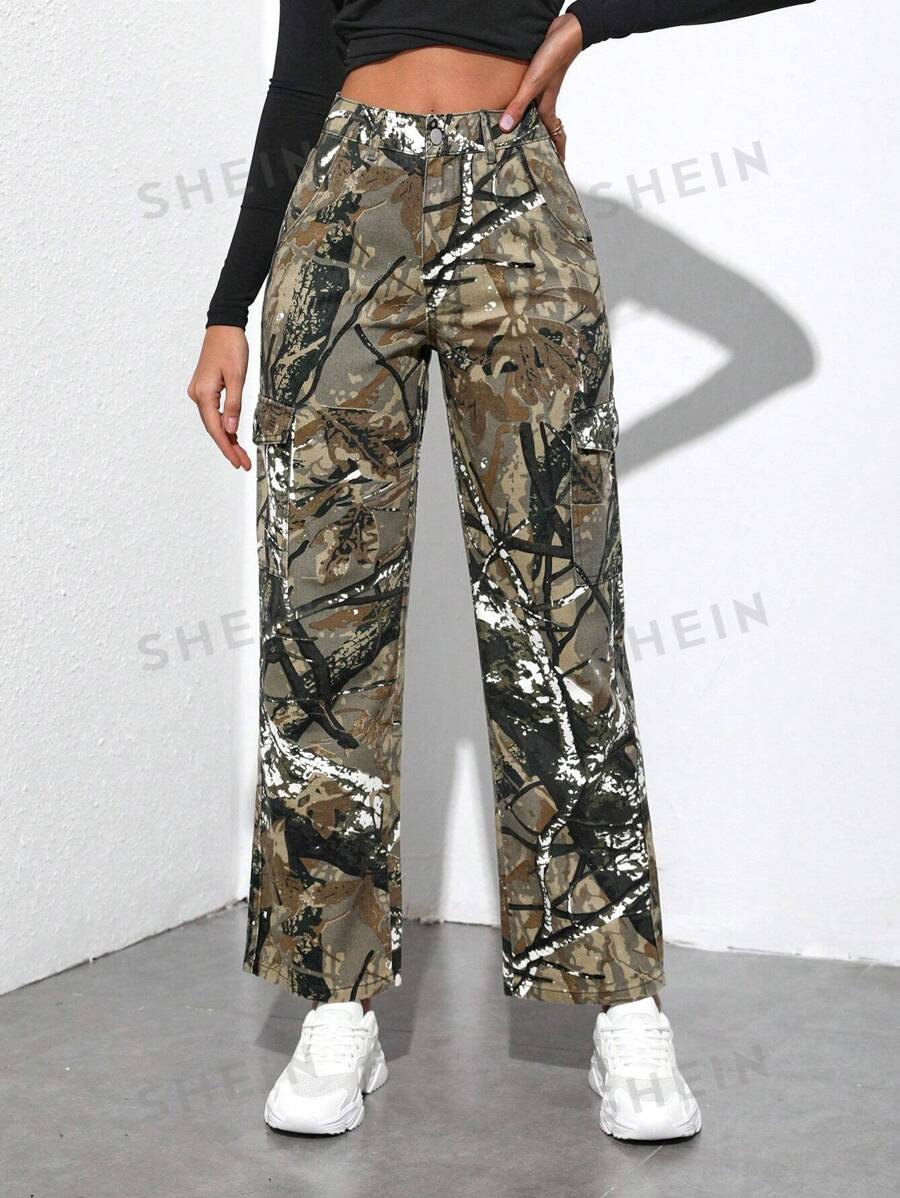 SHEIN PETITE Pantaloni din denim drept cu imprimeu integral - Multicolor - Vizualizare 1