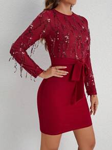 SHEIN Clasi 閃亮流蘇腰帶裝飾連身裙 - 紅色 - 查看 3