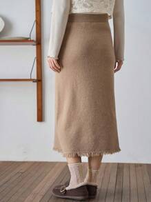 FRIFUL Của phụ nữ Viền tua Hem Váy len nửa mảnh - Màu Khaki - Xem 2