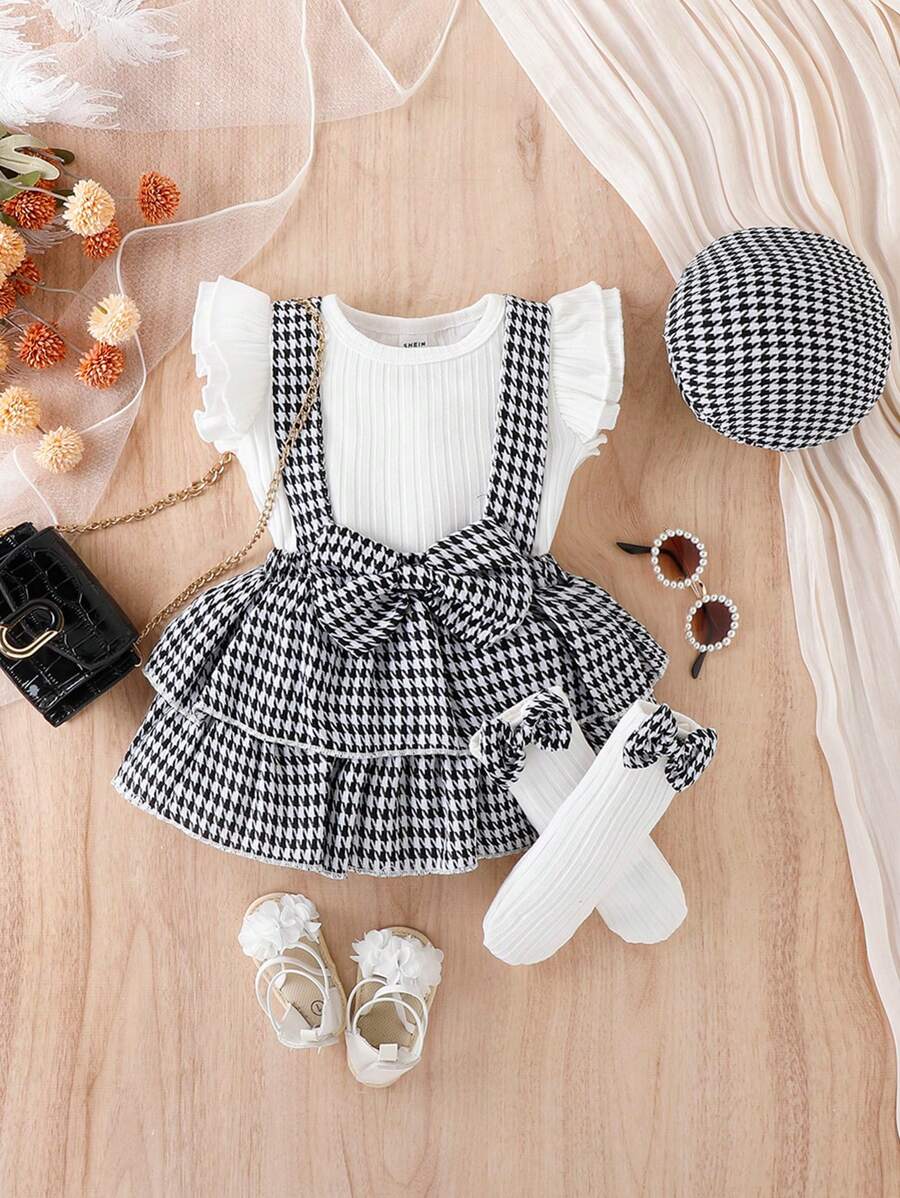 Baby Girls' Ruffle Trim Rib Knit Top & Houndstooth Overall Skirt & Hat Set For Summer - Black and White - View 1