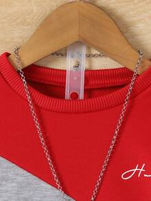 2入組幼童男孩英文字母拼接長袖衛衣和褲子,春秋季圓領款式 - 酒紅色 - 查看 7