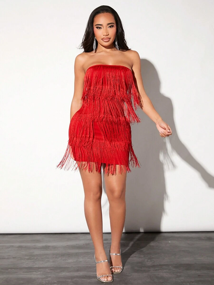 SHEIN SXY Viền rìa Đầm bó sát ống - Đỏ - Xem 1