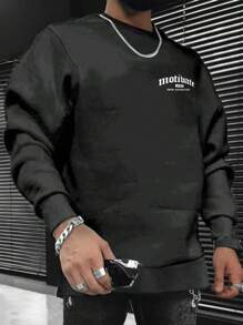 RueChic Men's Crew Neck Long Sleeve Sweatshirt With Text Print - Dark Grey - View 1