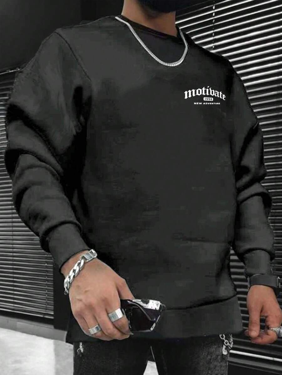RueChic Men's Crew Neck Long Sleeve Sweatshirt With Text Print - Dark Grey - View 1