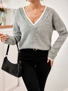 RueChic Drop Shoulder Scallop Trim Sweater - Grey - View 5