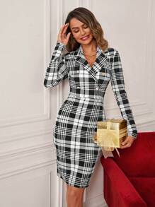 SHEIN Clasi Women's Plaid Turn-down Collar Bodycon Dress - Black and White - View 1
