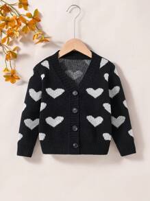 SHEIN 女童心型圖案針織開衫 - 黑色 - 查看 1