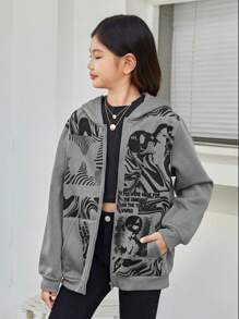 SHEIN Girls' Knitted Pattern Printed Loose Hooded Casual Sweatshirt