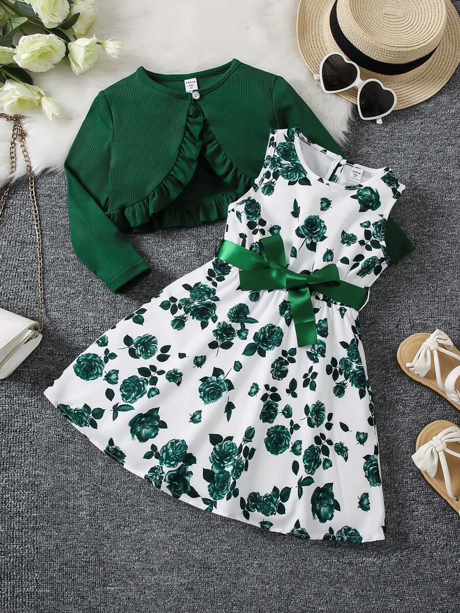 SHEIN Young Girl Floral Belted Dress With Ruffle Hem And Cardigan 2pcs Set,Holiday,Summer,Travel