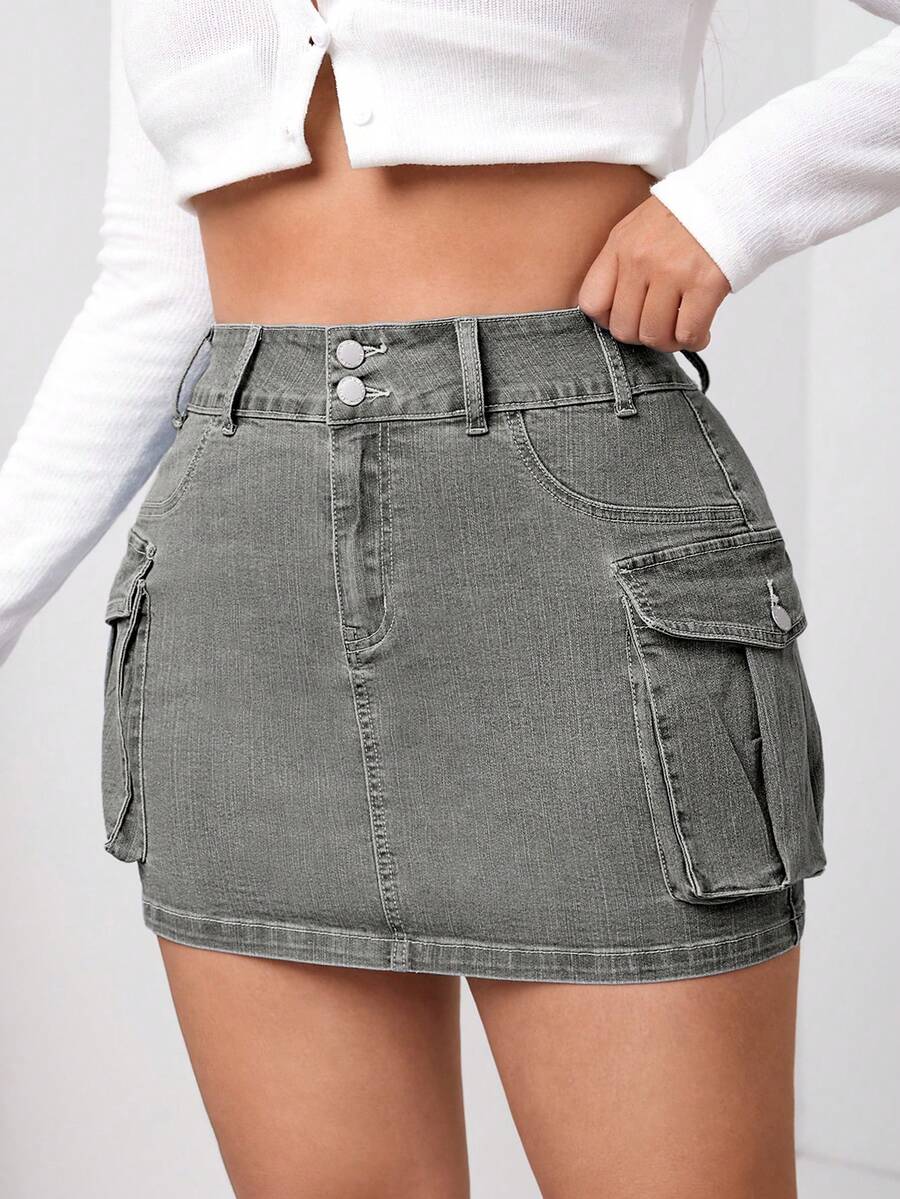 SHEIN EZwear Kích thước lớn Của phụ nữ Váy Denim Với Tiện ích Túi - Xám - Xem 1