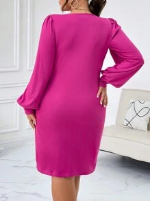 SHEIN Privé Kích thước lớn Của phụ nữ Cổ vuông Tay áo lồng đèn Đầm - Hồng - Xem 2