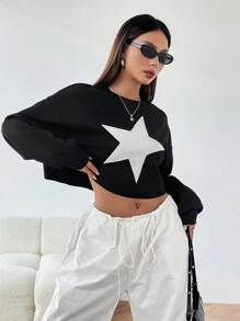 SHEIN EZwear 星星圖案短版休閒針織衫 - 黑與白 - 查看 3