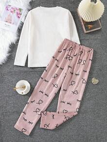 Cô gái Slogan In Tay áo dài Áo thun Và Quần Trang phục mặc nhà Bộ - trắng - Xem 2