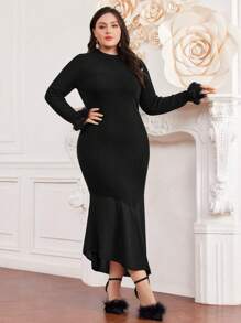 Modelyn Plus Size Knitted Sweater Dress With Button Decoration, Fuzzy Cuffs And Asymmetric Hemline