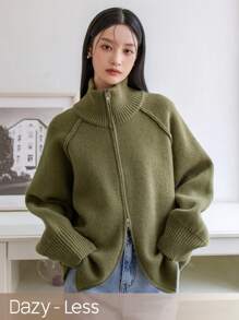 Dazy-Less Zippered Standing Collar Cardigan,Long Sleeve Tops Old Money Style,Fall Clothes Business Casual Woman Work Clothes Jacket - Army Green - View 1