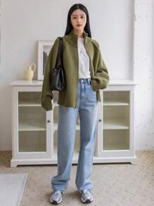 Dazy-Less Zippered Standing Collar Cardigan,Long Sleeve Tops Old Money Style,Fall Clothes Business Casual Woman Work Clothes Jacket - Army Green - View 4