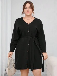 SHEIN Essnce 大尺寸搭扣裝飾連身裙 - 黑色 - 查看 4