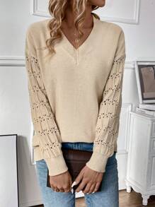 V-Neckline Drop Shoulder Casual Pullover Knit Pullover Fall Winter Sweater - Khaki - View 6