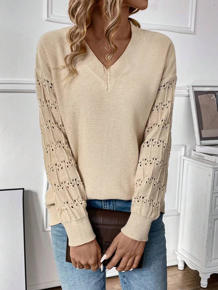 V-Neckline Drop Shoulder Casual Pullover Knit Pullover Fall Winter Sweater