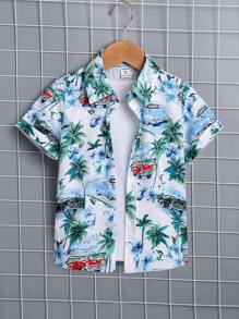 SHEIN 年輕男孩印花短袖襯衫款式，夏威夷風格，柔軟、涼爽、舒適，適用於夏季度假和外出 - 彩色 - 查看 1