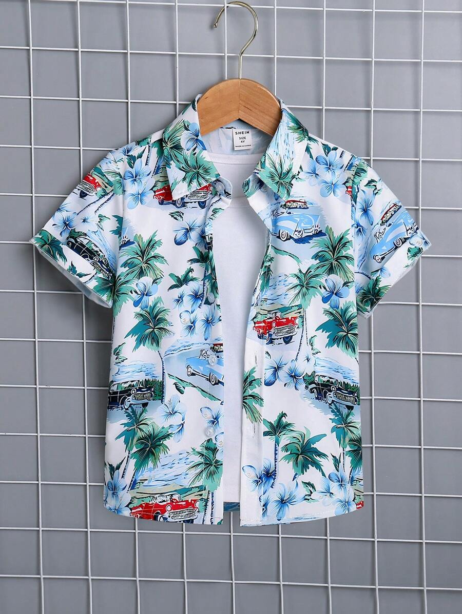 SHEIN 年輕男孩印花短袖襯衫款式，夏威夷風格，柔軟、涼爽、舒適，適用於夏季度假和外出 - 彩色 - 查看 1