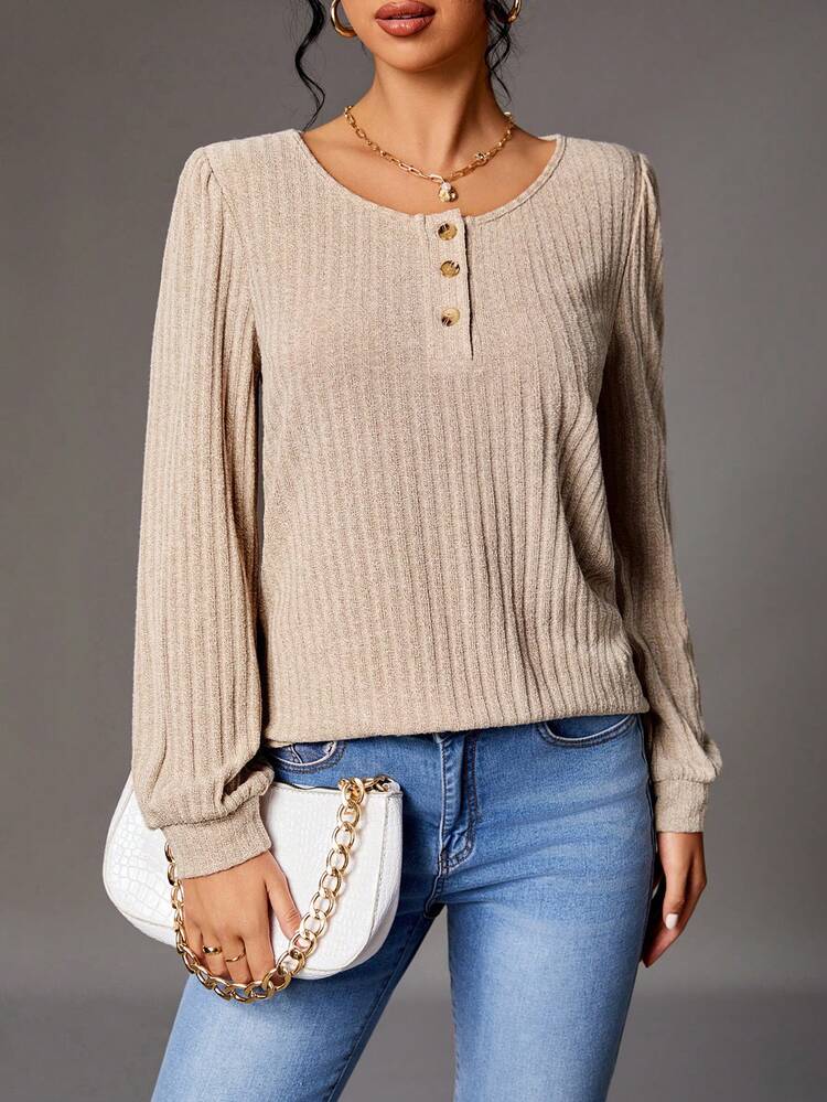 Solid Color Button Decor Long Sleeve Casual T-shirt