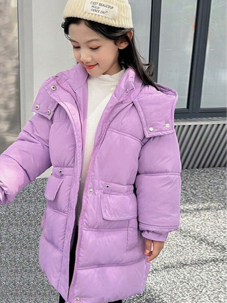 SHEIN Tween Girl 单件翻盖口袋连帽夹棉大衣 - 紫色 - 查看 1