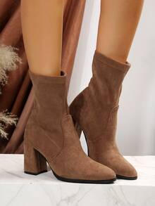 New Winter High Heel Lady'S Fashionable Mid-Cylinder Scrub Boots With Pointed Toe, Thick Heel, Comfortable And Concise Style - Brown - View 6