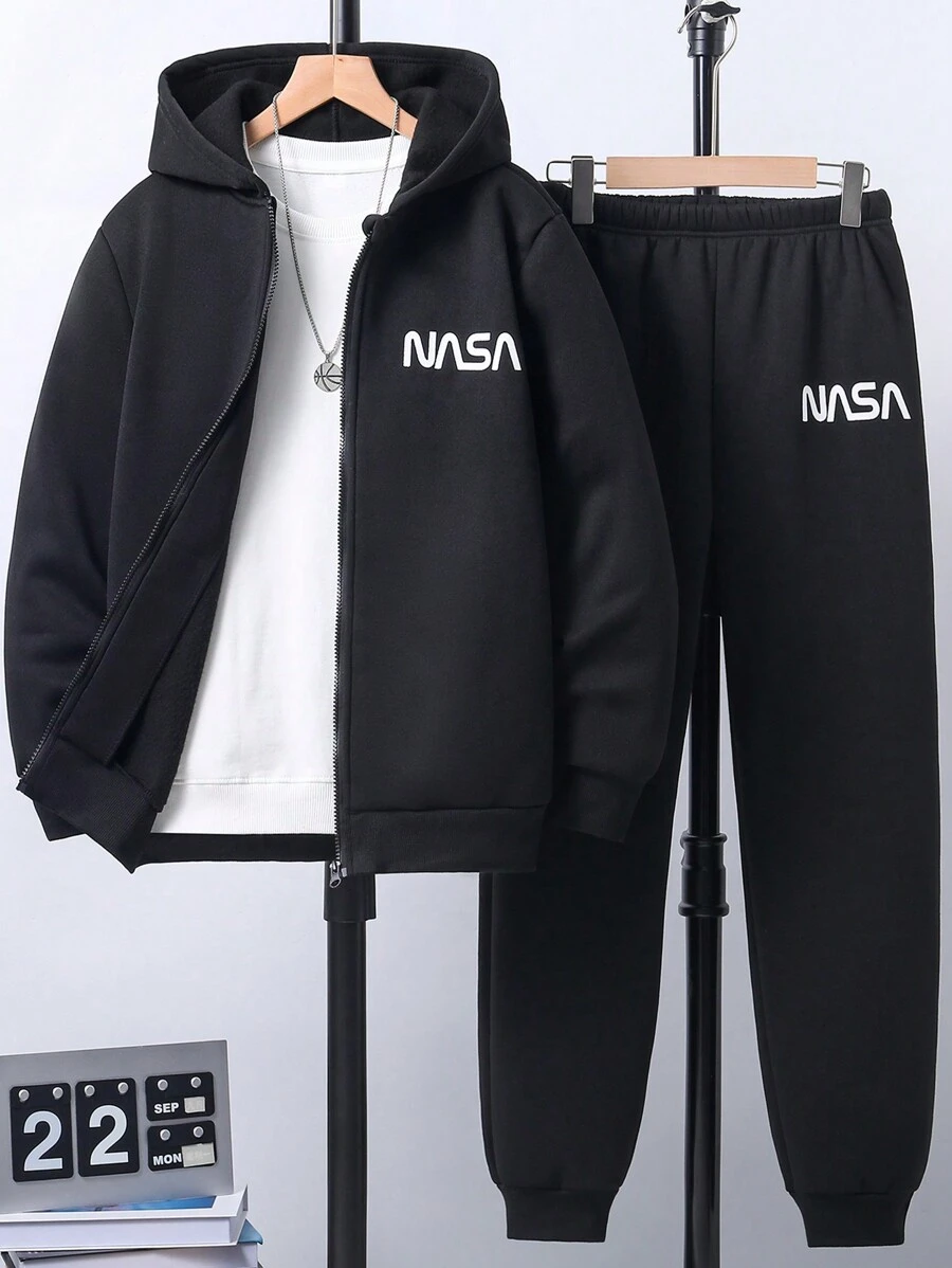 SHEIN Teen Boy Letter Printed Hooded Sweatshirt And Sweatpants Set Chic Outfits For Autumn/Winter