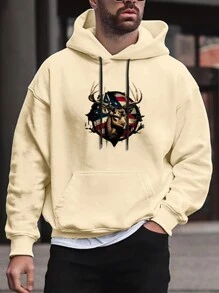 Extended Sizes Men's Plus Size Deer Printed Fleece Hoodie With Drawstring - Khaki - View 1