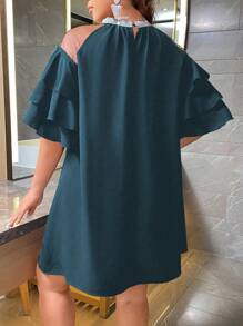 Celure Plus Size Mesh Sequins Fabric & Weaved Ribbon Splice Dress - Navy Blue - View 2