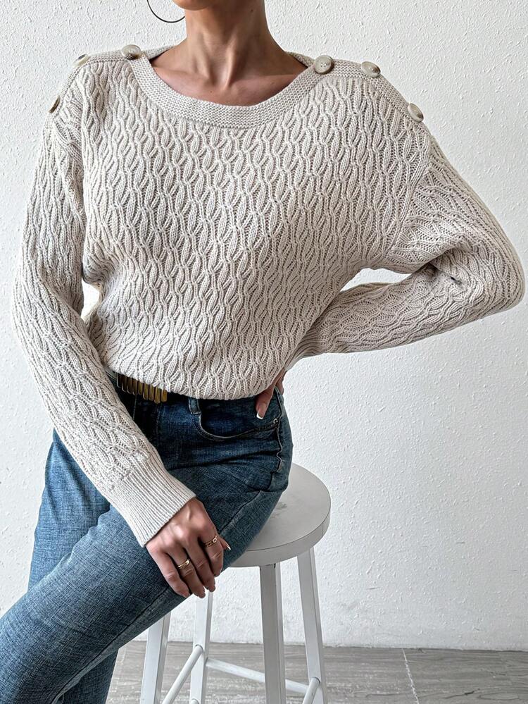 Solid Color Drop Shoulder Button Detail Knit Pullover Fall Winter Sweater