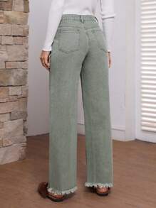 SHEIN LUNE 有磨損邊緣處理的牛仔褲 - 綠色 - 查看 2