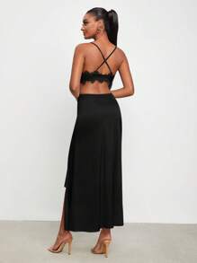Thainara Oliveira Designer Satin Dress, Sundress With Lace Trim, Summer Elegant Dress, Sundress Outfit For Holiday, Party, Birthday Outfits, Festival, Wedding, Prom Dress - Black - View 2